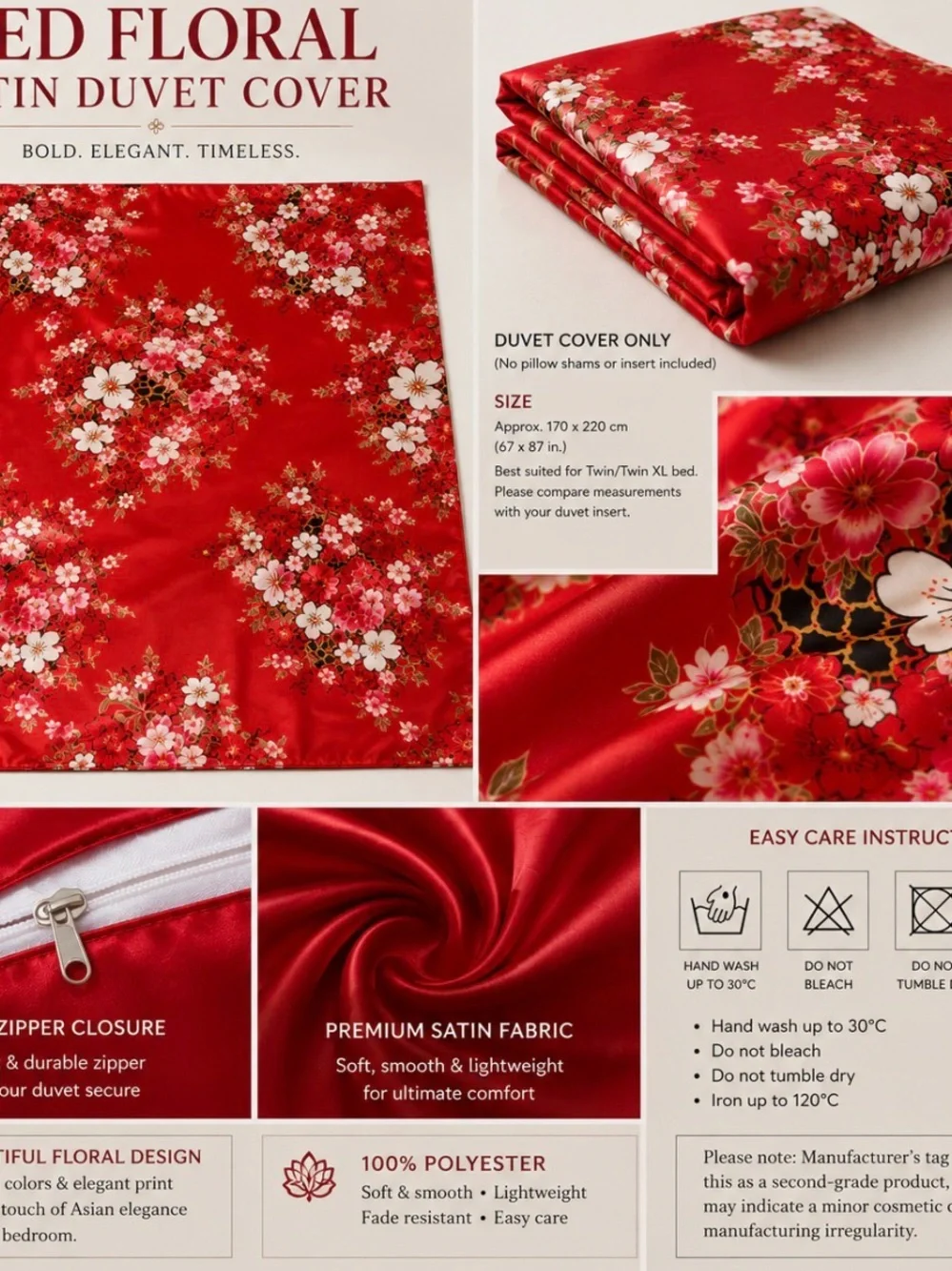Red Floral Satin Duvet Cover - Elegant Red Bedding